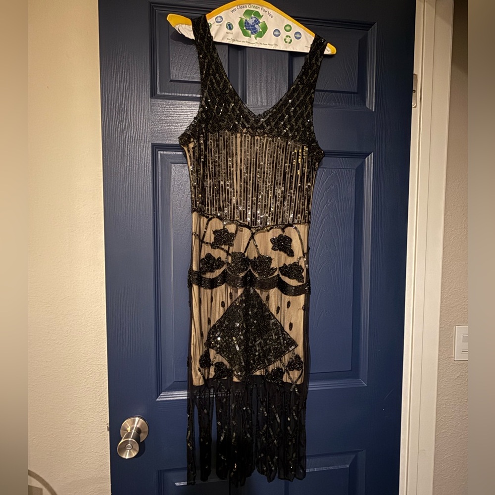 Black and Gold Beaded Dress with Fringe